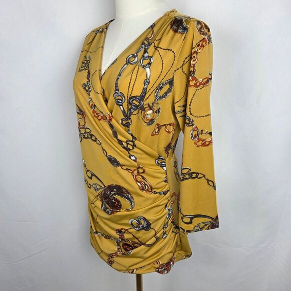 Carmen Marc Valvo Top Size Large Equestrian Chain Print Faux Wrap Yellow Knit - Picture 3 of 8